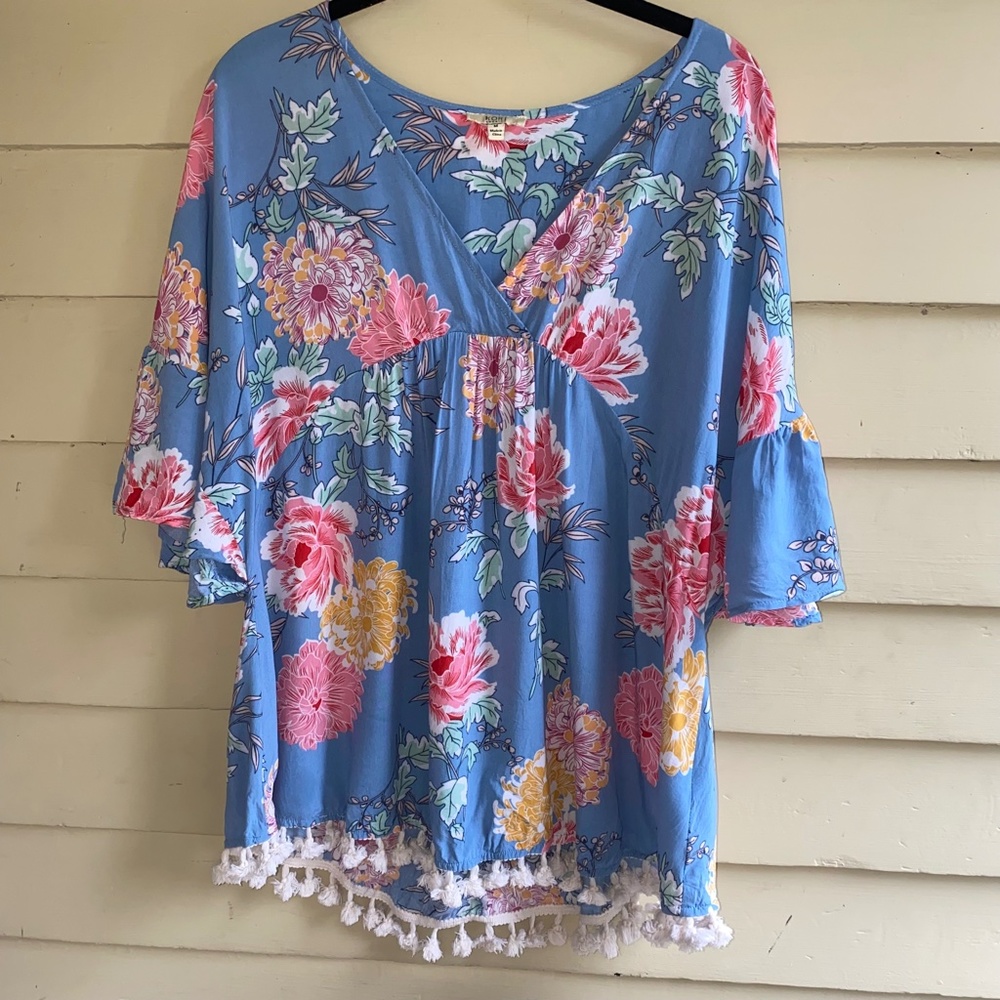 KORI AMERICA boho blue floral pom pom top